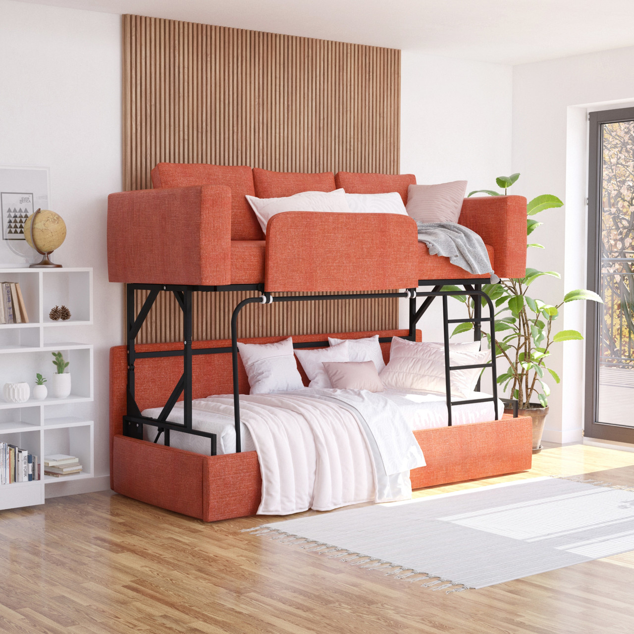 Помаранчевий диван-ліжко двох'ярусне з матрацами трансформер, фото 1