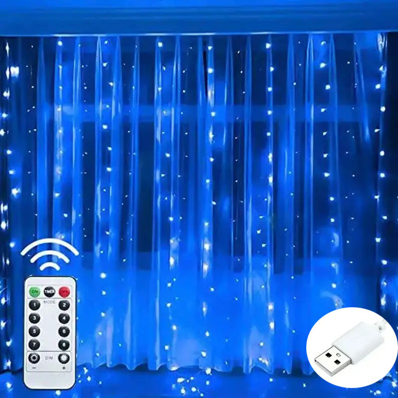 Гірлянда штора Крапля роси 3x2м, Пульт, 10 ниток, 8 режимів, 200 Led, USB, Синя