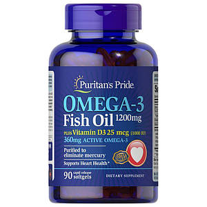 (уцінка термін по 9.23) Омега-3+D3 Puritan's Pride Omega 3 Fish Oil 1200 мг plus Vitamin D3 25 мкг 90 капс.