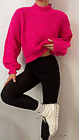 Женский укороченный свитер оверсайз, крупной вязки, розовый