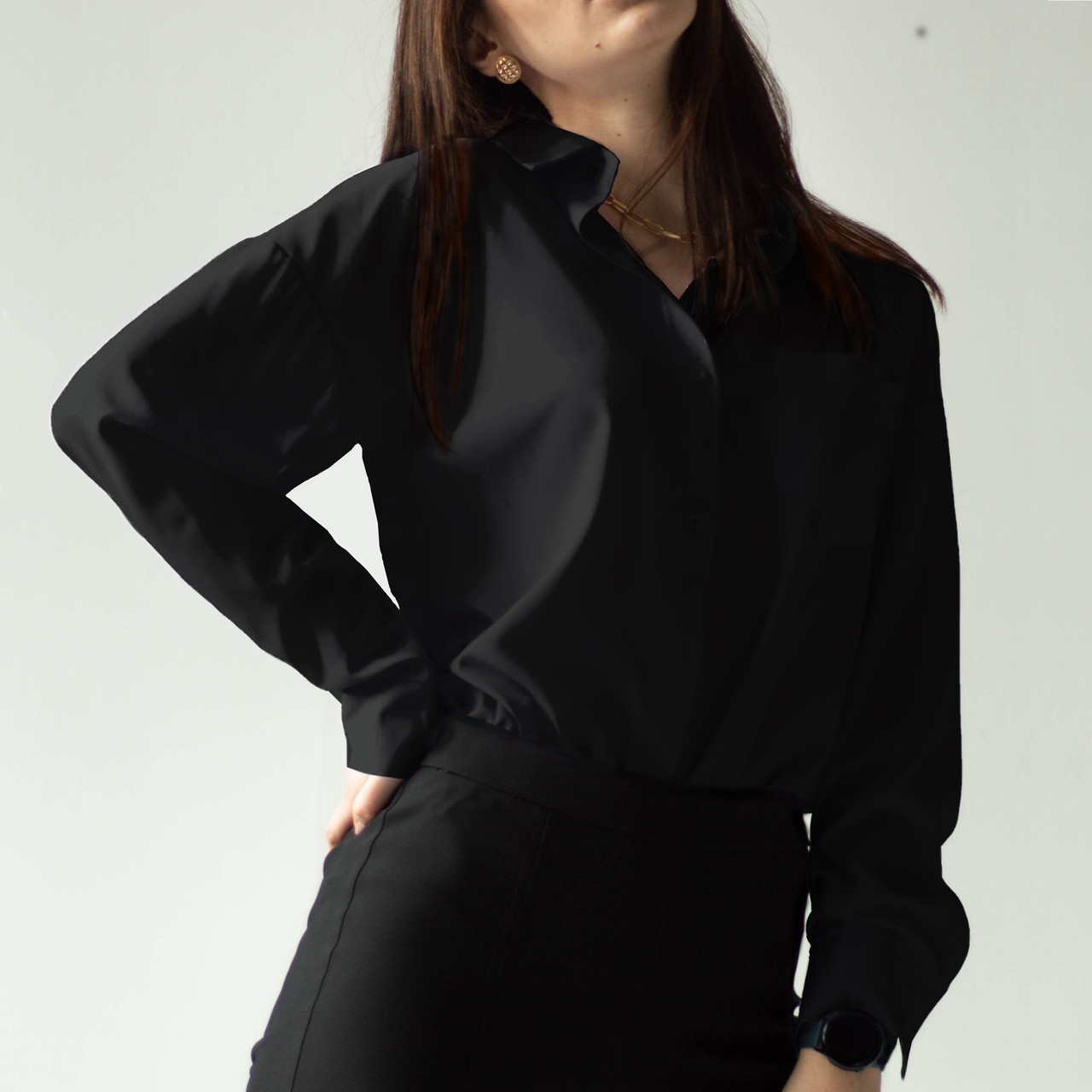 Чорна сорочка оверсайз з однією кишенею жіноча (блуза з приспущеними плечима), S