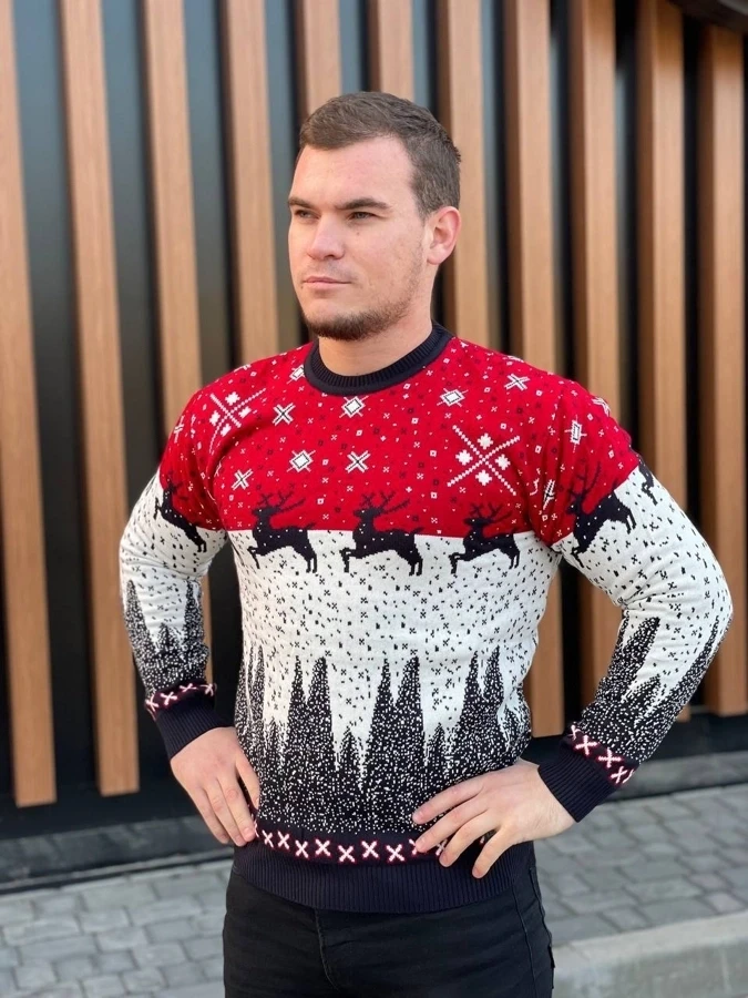 Новорічний светр джемпер з оленями червоно-білий без горла
