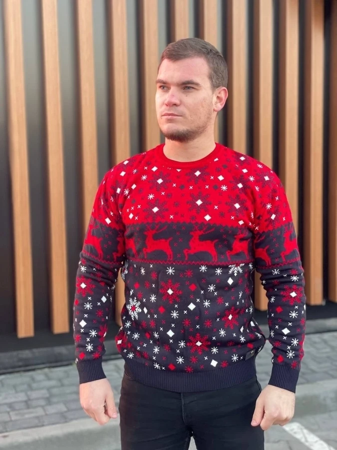 Чоловічий новорічний светр з оленями джемпер Червоно-чорний без горла