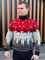 Мужской новогодний свитер джемпер с оленями красно-белый с горлом
