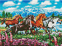 Алмазная мозаика круглыми стразами Животные 30х40 Табун лошадей Рисование камнями Rainbow Art EJ1365