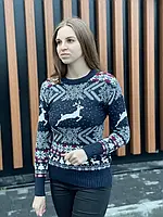 Женский новогодний свитер джемпер синий с оленями без горла one size