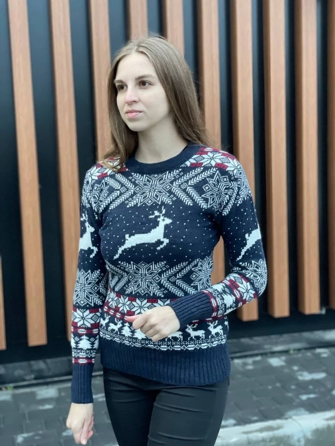 Жіночий новорічний светр синій джемпер з оленями без горла one size