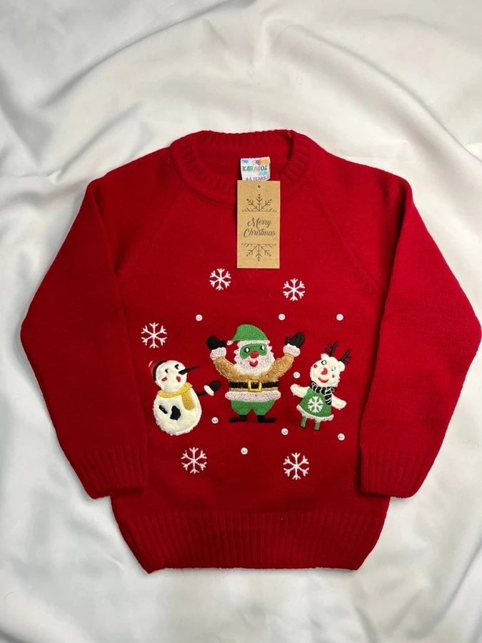 Червоний дитячий новорічний светр джемпер зі сніговиком, Сантою та оленем тріо