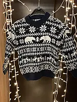 Дитячий темно синій новорічний светр джемпер з оленями та ведмедями