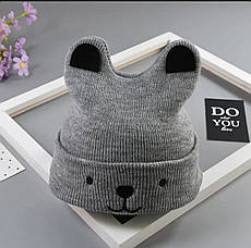 Дитяча трикотажна шапка з мультяшним ведмедем (0-6 місяців, заміри в описі). Сіра