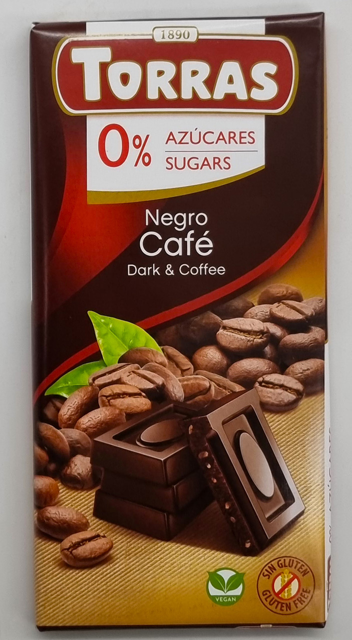 Чорний шоколад без цукру "Torras" Negro Cafe з кавою 75 г Іспанія