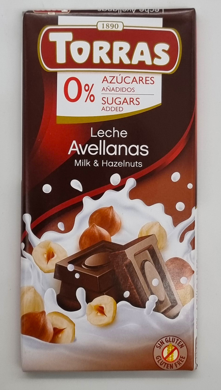 Молочний шоколад без цукру "Torras" Leche Avellanas з лісовим горіхом 75 г Іспанія