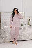 Теплая женская пижама для сна домашний женский костюм двойка ткань плюшевая двухсторонняя махра цвет беж