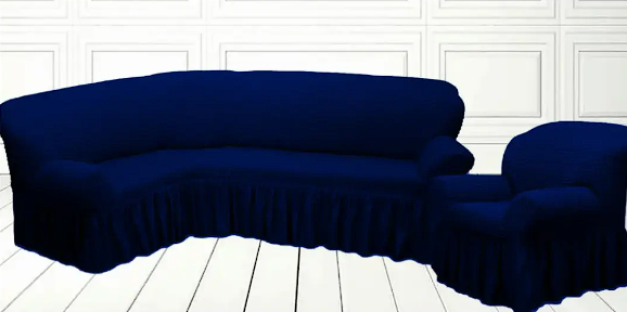 Безрозмірні чохли на кутові дивани крісло з оборкою жатка, покривала на кутовий диван турецький Синій