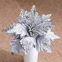 Квітка на ялинку штучна Пуансетія з блискітками срібляста 25 см DU 061