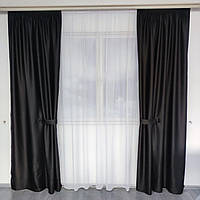 Комплект щільних штор у спальню, зал із тканини атлас блекаут чорного кольору 150х270 (2 шт).