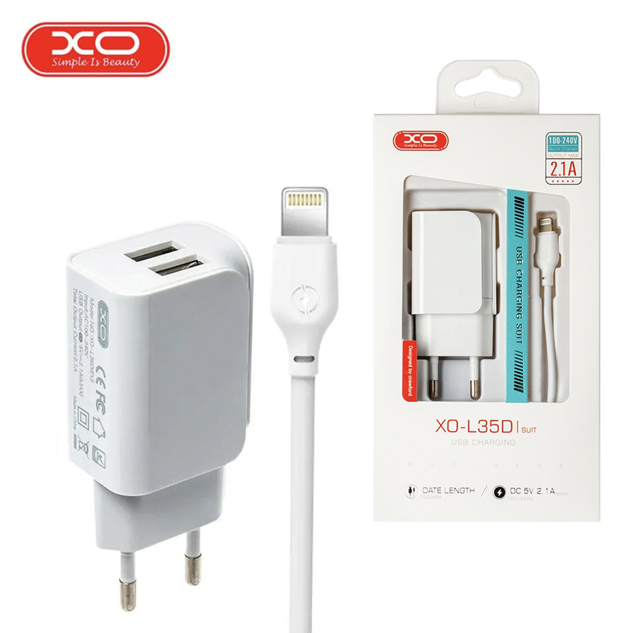 Мережевий зарядний пристрій з кабелем USB - Lightning XO L35D 2USB/2.1A Білий