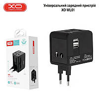 Черное универсальное зарядное устройство XO WL01 UK/EU/US, сетевой переходник с двумя USB портами