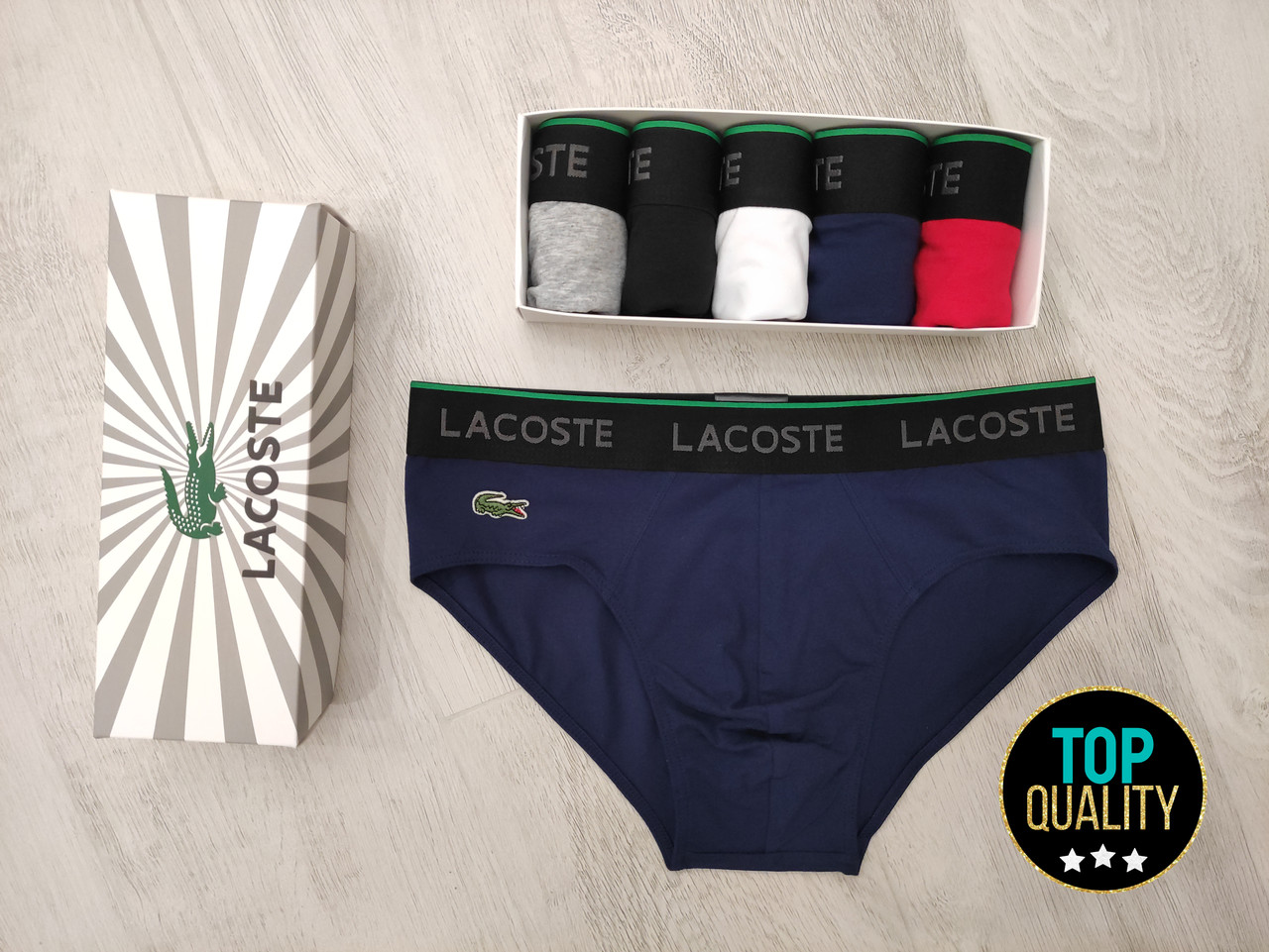 Набір чоловічих трусів сліпів Lacoste з 5 штук у подарунковій коробці. Повномірна модель.