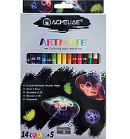 Олівці кольорові двосторонні 14 кольорів + поліруючий олівець та олівець-блендер з точилкою Acmeliae