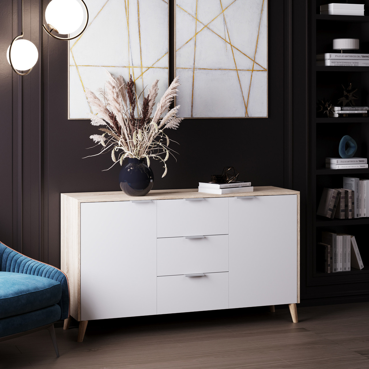 Комод Хюгге з шухлядами і тумбами 800х1390х400 мм Білий/Дуб Сонома, фото 1