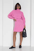 Вязаный костюм с юбкой и свитером летучая мышь - розовый цвет, L (есть размеры)