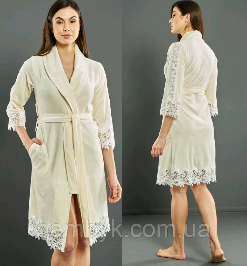 Жіночий Велюровий Халат З Мереживом Елітна Серія Бамбук Бавовна Nusa NS-0604