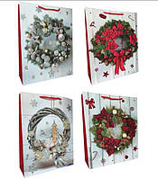 Подарунковий пакет картон 200грм, "Різдвяний вінок" МІКС 4 види, 31*42*12см 4 шт. в уп. /12/ bl2301-203 ish