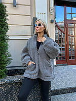 Женская объемная оверсайз куртка-бомбер на молнии барашик (букле-шерсть)+подкладка (серый, пудровый)