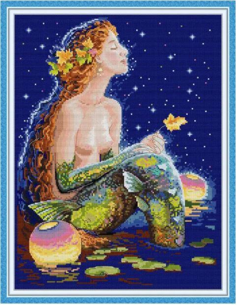 Набір для вишивання за нанесеною на канву схемою "Mermaid under the stars". AIDA 14CT printed, 35*45 см