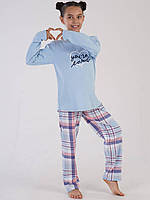 Пижама для девочки со штанами в клетку 0364, Голубой, Рост 158-164 (13-14 лет)