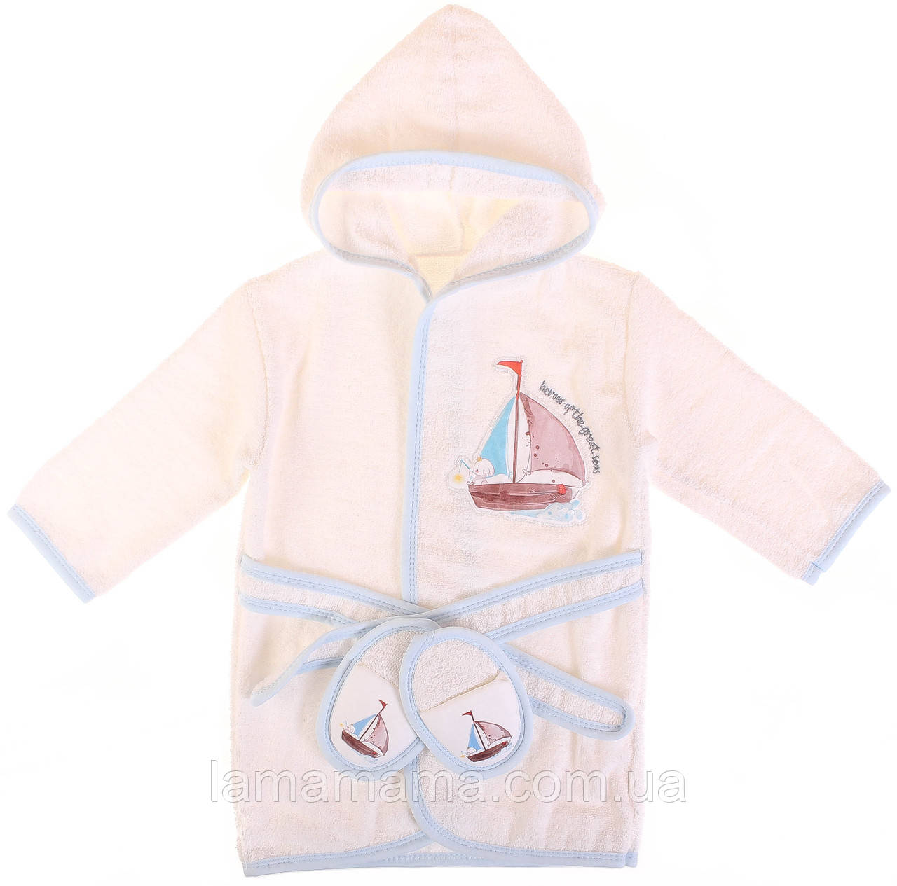 Комплект — дитячий махровий халат із капцями 68-86 см Кораблик Молочний Bimini