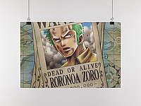 Плакат-постер с принтом One Piece Ван-Пис Розыскная листовка Roronoa Zoro Ророноа Зоро (японский аниме-сериал)