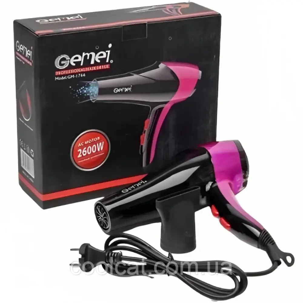 Професійний фен для волосся Gemei GM 1766, 2600Вт, Рожевий / Маленький фен для сушіння волосся