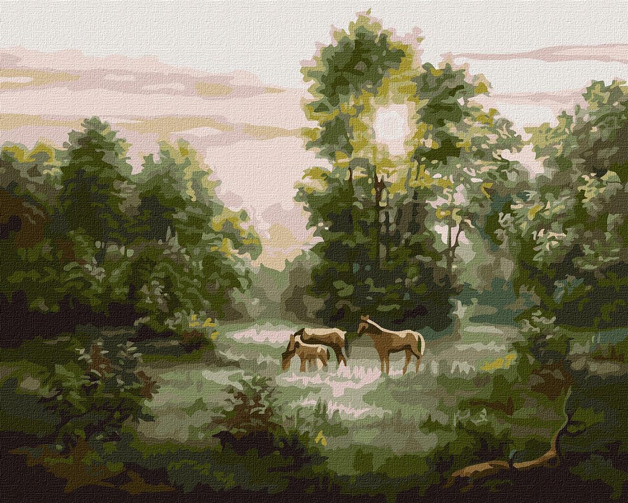 Картина за номерами Лісовий пейзаж. Три коні 40*50 см Ідейка KHO4362