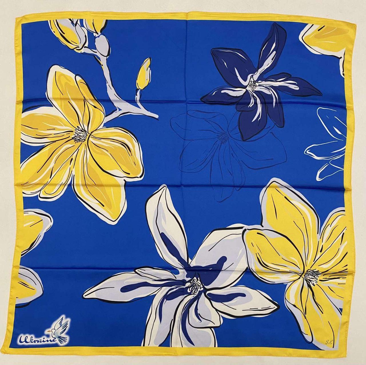 Шовкова хустка з патріотичним принтом синьо-жовта 90\90 см, фото 1