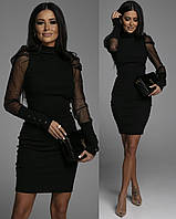 Жіноче трикотажне плаття + сітка горох. Розміри: 42-44, 46-48. Колір: чорний.