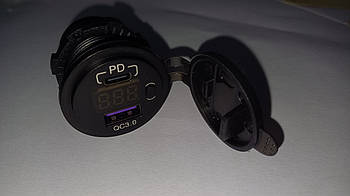 Гніздо USB (+TypeC) з вольтметром Blue 48W 3,0A (USB-1-volt-C-blue)