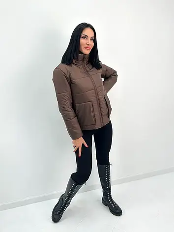 Жіноча тепла куртка осінь/весна/зима комір стійка коротка з кишенями коричнева, фото 1
