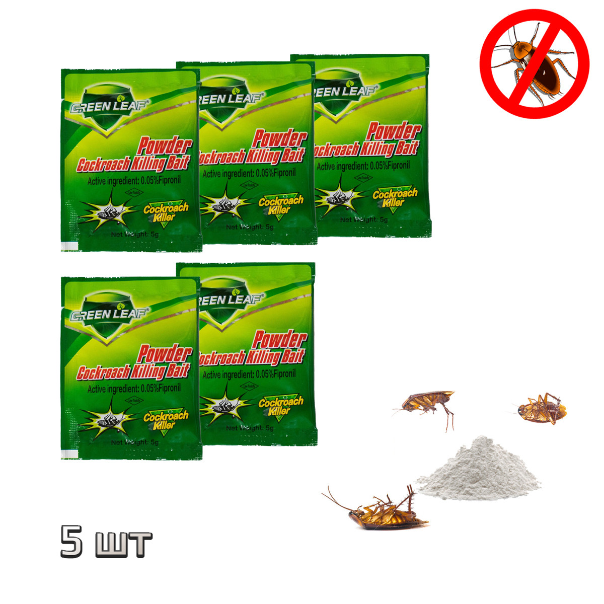 Комплект 5шт. ефективний засіб від тарганів Green Leaf Powder Cockroach Killer засіб для знищення тарганів