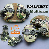 Активні навушники для стрільби Walker's Razor Multicam + кріплення для шолому чебурашки. Навушники під каску. Тактичні навушники.