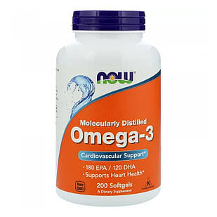 Омега-3, Omega-3, Now Foods, 180 ЕПК/120 ДГК, 200 гелевих капсул