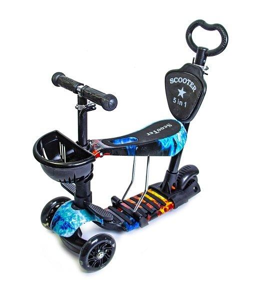 Триколісний самокат із батьківською ручкою та світними колесами Scooter Smart 4in1 Fire and Ice Чорний