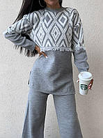 Теплый костюм с удлиненной кофтой в принт и расклешенными штанами (р. 42-46) 9103233