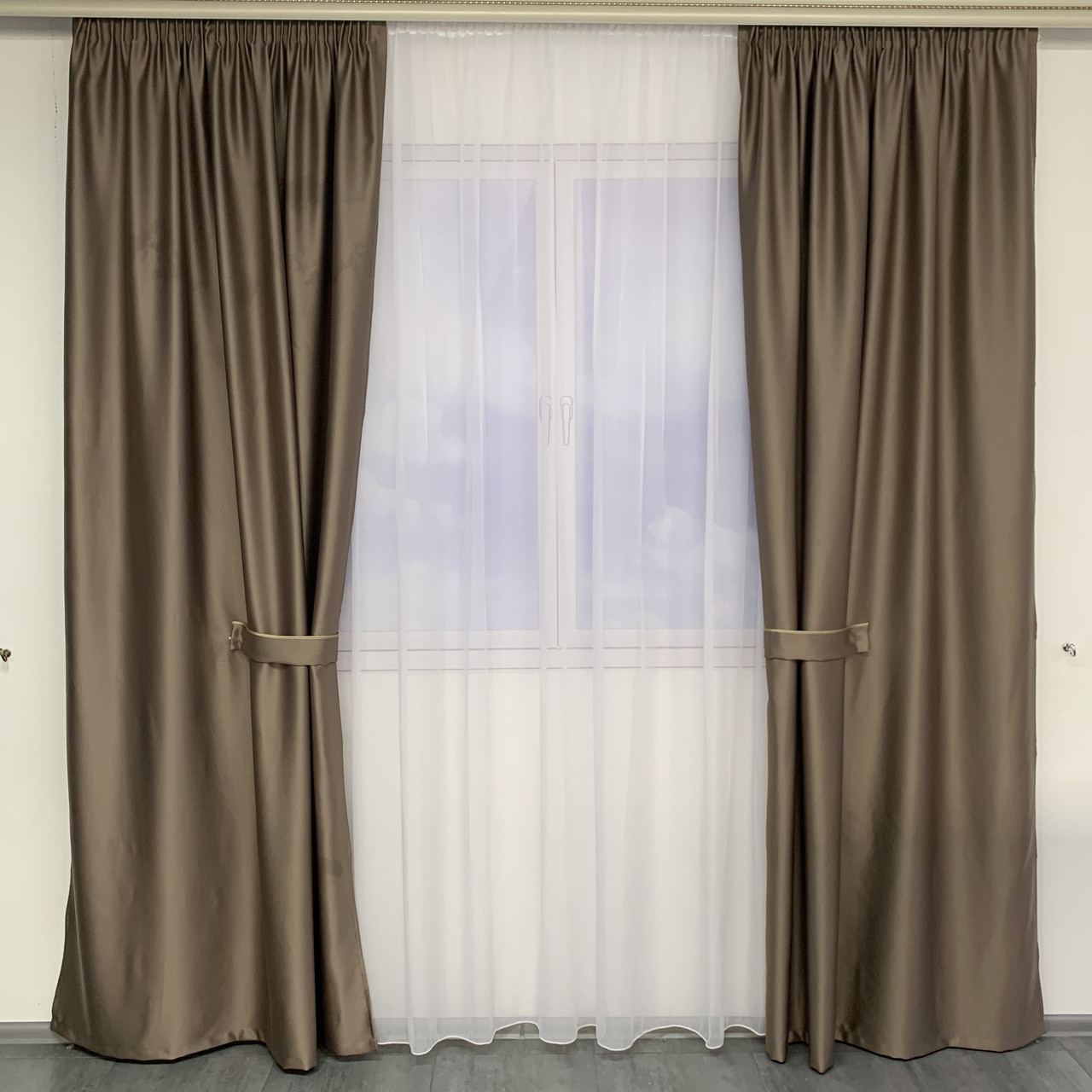 Готові штори з атласу, Сіро-бежевого кольору, з тюлем (SHTN-VR-11), фото 1