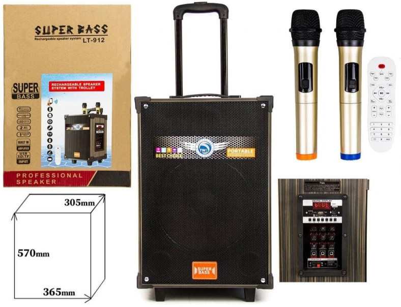 Колонка Big LT-912 bluetooth + 2 мікофони (365х305х570) USB/MO3/FM/TWS black, фото 1