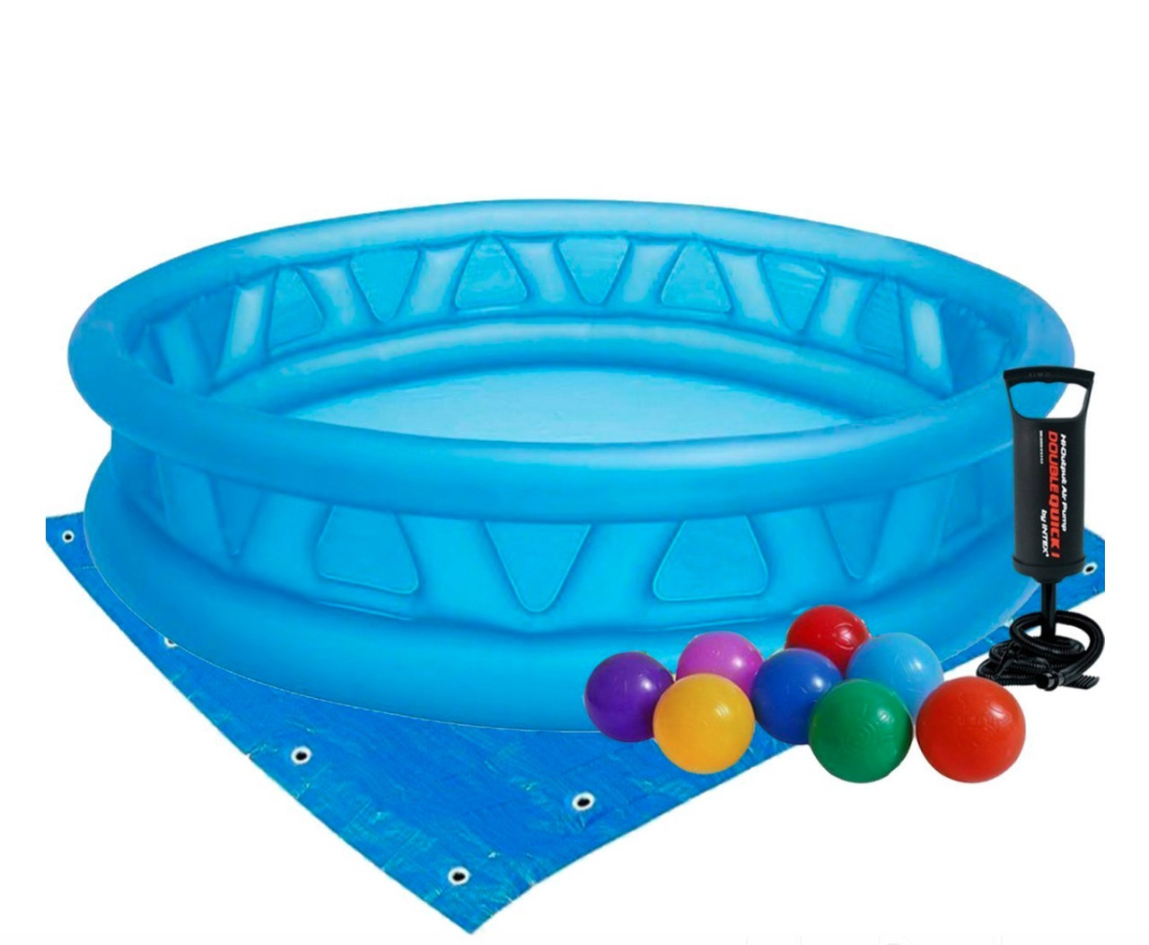 Надувний басейн дитячий Intex Літальна тарілка 790 л 188х46 см вініл із кульками підстилкою й насосом Блакитний
