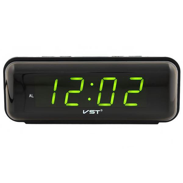 Електронний годинник VST цифровий настільний від мережі та батарейок із зеленими цифрами будильник 15 см Чорний (VST-738)