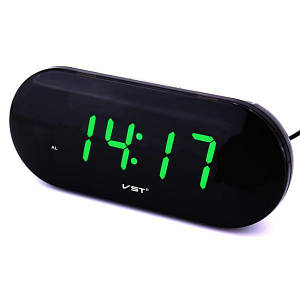 Електронний годинник VST цифровий настільний від мережі та батарейок із зеленими цифрами будильник 16.5 см Чорний