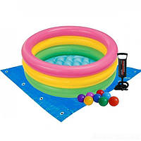 Детский надувной бассейн Intex Радуга» 56 л 86х25 см винил с шариками подстилкой и насосом Разноцветный